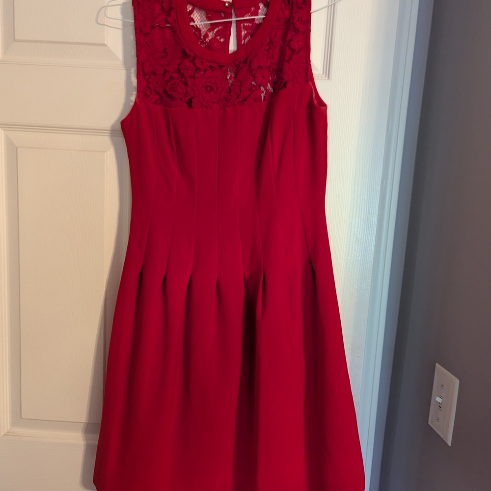 Red Sleeveless Pleated Lace Mini Dress